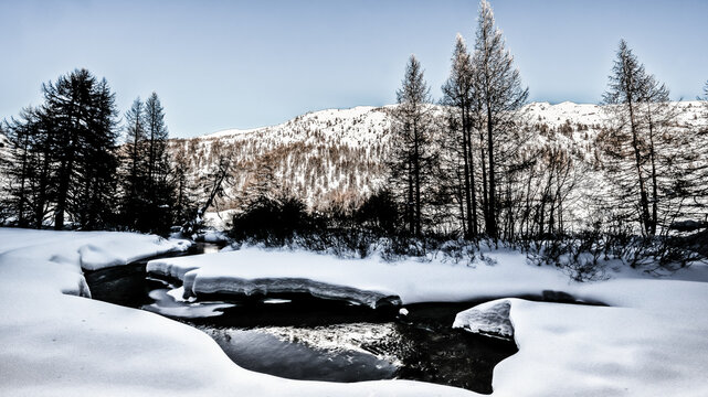 Snowshoeing in the Clar&eacute;e valley in winter - France