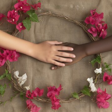 Primer plano de una mano de piel blanca apoyada sobre una mano de piel negra estan sobre un circulo de ramas y flores demostrando amor, contencion y diversidad