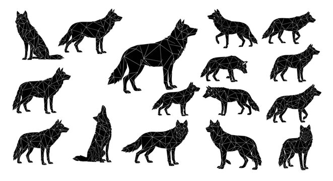 Collection of stylized geometric wolf silhouettes in various dynamic poses showcasing a modern polygonal low poly art style against a clean white background representing wild