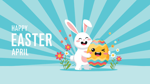 Cheerful Easter bunny holding a large decorated egg surrounded by flowers on a sunburst background for spring holiday greetings.
