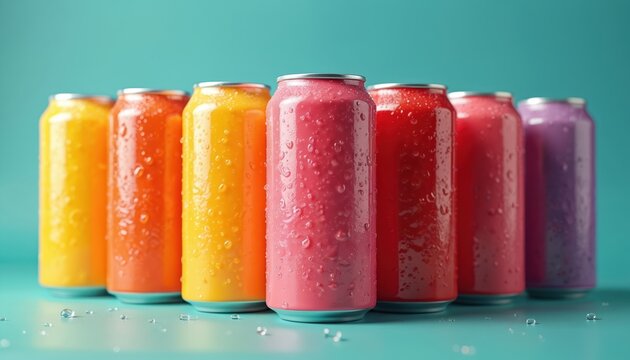 Group of colorful soda cans with condensation sit on teal surface. Various fruit flavors, like orange, red, purple drinks, offer refreshing beverage choice. Cool cans perfect for summer promotions.