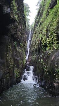 Saatsada Waterfall plunges through rugged cliffs in stunning vertical 4K, with roaring water, rising mist, and lush green surroundings creating a breathtaking monsoon spectacle.