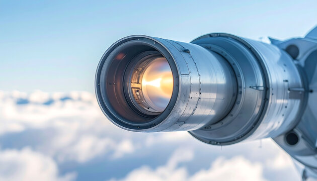 Close up of a powerful jet engine with bright flames igniting in the sky above clouds