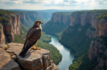 Fototapeta premium A hawk stands on a rocky precipice overlooking a vast canyon with a river winding below. The bird of prey surveys its domain. Majestic wilderness landscape under a cloudy sky.