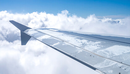 Fototapeta premium Airplane wing covered in ice and snow flying above clouds in a bright blue sky