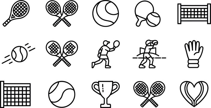 Minimal tennis sport icon set featuring racket ball player trophy net and match elements in clean outline vector style