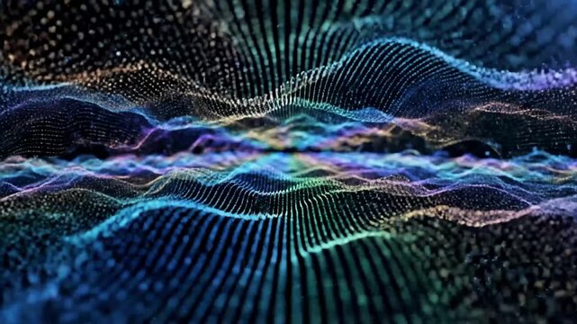 Vibrant digital wave pattern with glowing lines.
