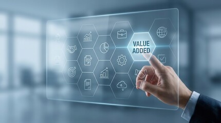 Fototapeta premium A hand touching a virtual screen illustrates adding value to product and service, emphasizing improving products, excellent service, expert advice, and fast delivery.