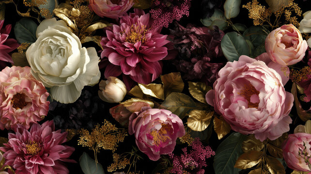 Pink and golden flowers, floral design for prints, postcards or wallpaper
