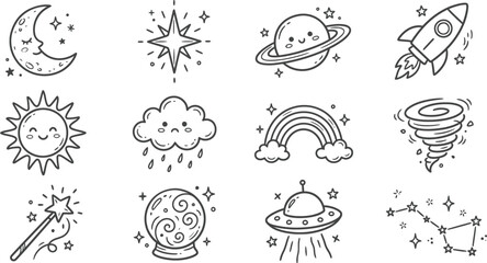 Obraz premium Hand-Drawn Doodle Vector Set | Space Weather Whimsical Elements Collection