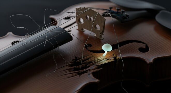 Glowing mushroom grows through a cracked wooden violin body.