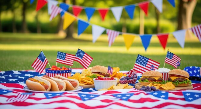 Festive fourth of july picnic celebrating independence with food and flags