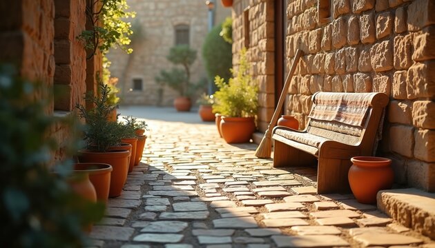 Stone paved alley with terracotta pots and bench. Sunlight casts shadows on old brick wall. Broom leans by wooden seat in quiet village street.