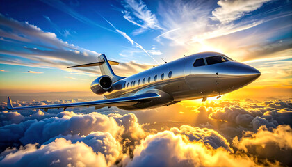 Fototapeta premium Luxury Private Jet Flying Above Clouds at Sunset with Golden Sun Rays and Dramatic Sky