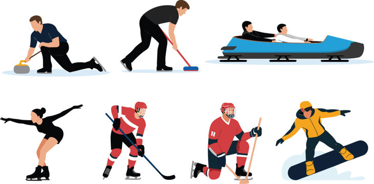 Winter sports vector character collection featuring athletes engaged in ice hockey curling bobsled figure skating and snowboarding on white background.