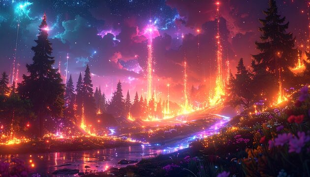 A vibrant, fantastical landscape depicting a glowing forest with colorful, ethereal lights reaching up towards a starry sky