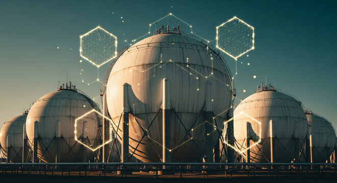 Smart Industrial Gas Storage Tanks with Digital Hexagon Data Overlay