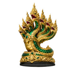 Fototapeta premium Seven Headed Golden Green Naga Statue Front View on White Background