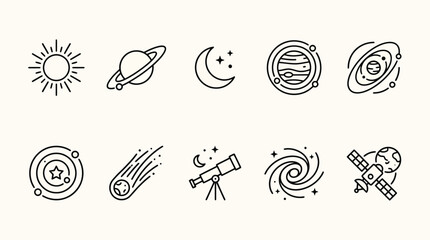A vector graphic illustration of astronomy symbols featuring sun, planets, moon, stars, and telescope © Meow