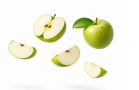Green Apple Halved and Sliced Pieces Minimal Floating on White
