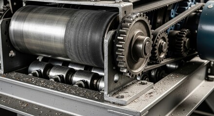 Fototapeta premium Industrial machinery with gears and belts in operation close up