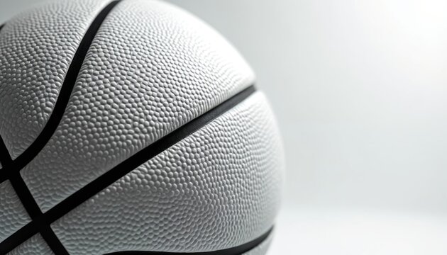 Close up white basketball texture and seams. Studio shot of round sports ball on plain background. Simple object detail for game or sport themes.