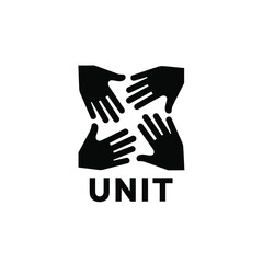 Obraz premium A symbolic representation of unity and collaboration featuring four hands reaching towards each other with the word unit
