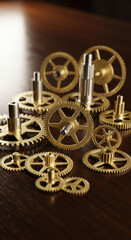 Fototapeta premium Golden gears in artistic arrangement on wooden background for steampunk concept