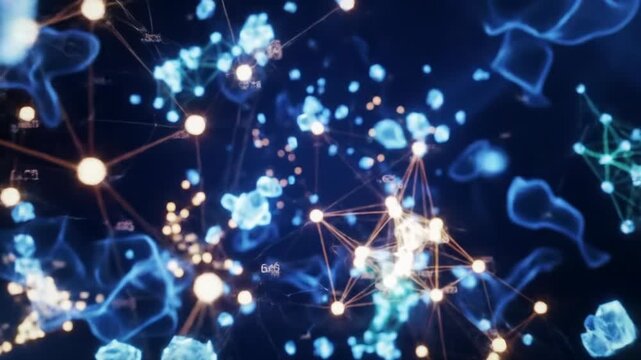 Luminous data particles and crystalline nodes float, connect, pulsate in a vast, deep digital space with volumetric light, blues, purples, green & orange glows. High-tech abstract visualization