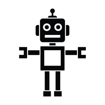 A simple black and white illustration depicts a classic boxy robot with a rounded head and rectangular body