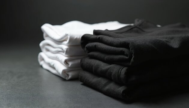 Two stacks of neatly folded t-shirts, one white pile and one black pile, rest on a dark surface. The shirts appear soft and clean, ready for use or sale. Minimalist clothing arrangement.