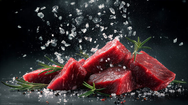 Fresh raw beef steaks seasoning with falling rock salt and rosemary, dynamic food preparation on dark background.
