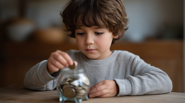 Child placing single coin into transparent piggy bank already full of mixed currency, concentrated expression, bright minimalist studio background, ideal for financial independence movement, and mod