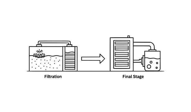 Industrial Wastewater Treatment System Textile Factory ETP Process Diagram Flat Design Black and White Vector