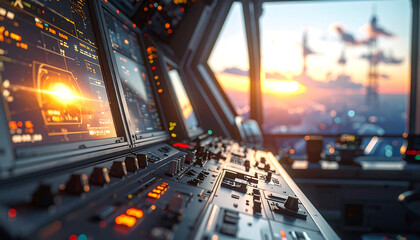 Obraz premium Futuristic spaceship cockpit interior with advanced digital displays and controls overlooking a sunset sky