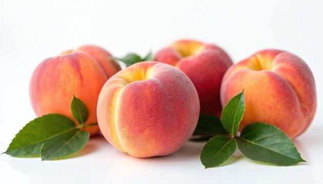 Several ripe peaches with pink and orange blush sit on clean white surface with green leaves. Sweet, juicy fruit displays summery freshness ready for eating or cooking.