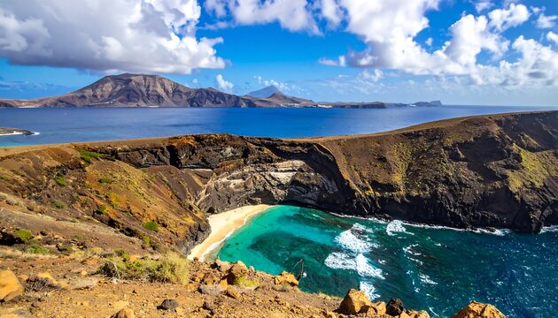 Panoramic view showcases a coastal landscape with rugged cliffs, a sandy beach, and turquoise waters under a blue sky. Island and landforms are visible