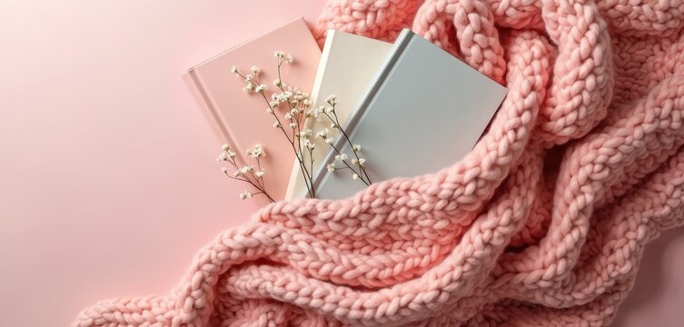 Three pastel books rest inside soft pink knit blanket, adorned with delicate white flowers. Cozy aesthetic setup for reading, journaling, or relaxation at home.