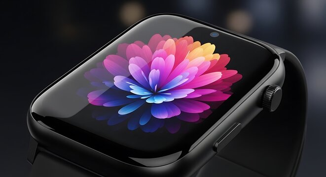 Black smartwatch displaying vibrant colorful abstract flower wallpaper close-up.