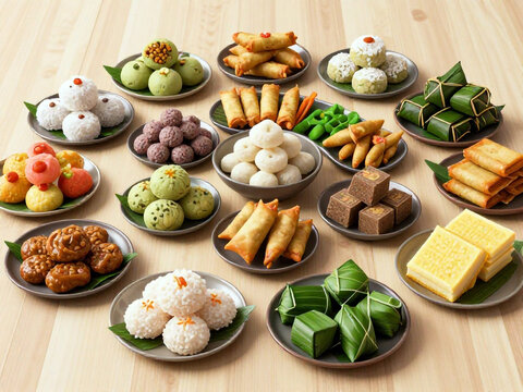 Assorted Indonesian Traditional Snacks and Jajanan Pasar on Wooden Table