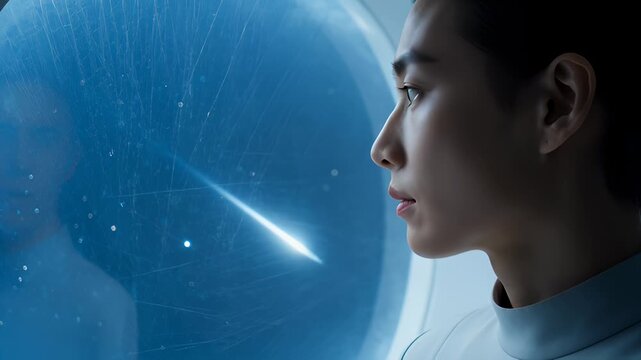 Young Astronaut Gazing Out of Spaceship Window at Distant Stars and Nebula