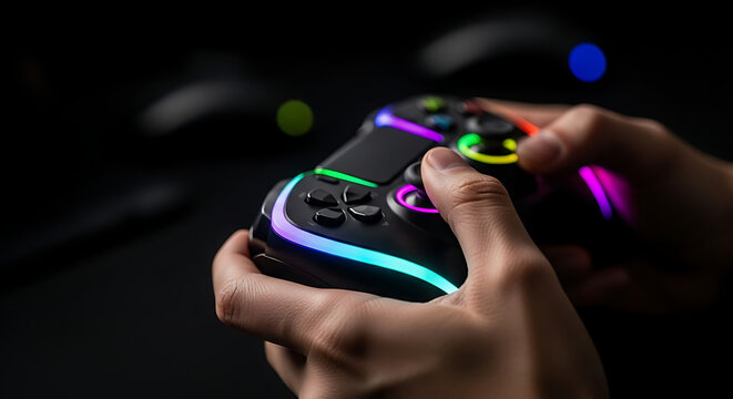 Close-up of hands holding a modern gaming controller with vibrant RGB lighting. Generation Z