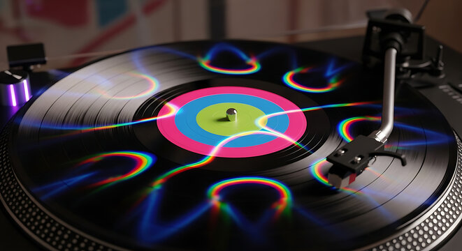 Close-up of a spinning vinyl record with colorful light reflections and a DJ turntable