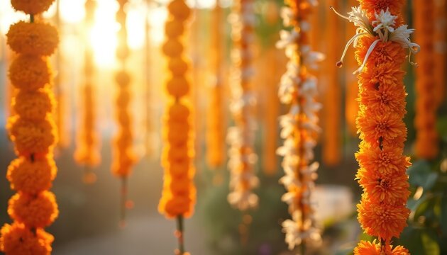 Bright orange marigold flower garlands hang in soft sunlight. Floral decorations string together for spring festivals and cultural celebrations. Festive atmosphere with natural beauty.