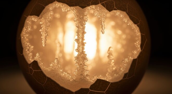Cracked eggshell reveals a glowing interior filled with textured crystalline structures.
