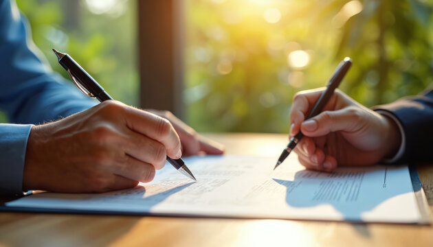 Close-up hands sign agreement papers on wooden table. Sunlight streams in, illuminating partnership deal. Business partners finalize contract, make decision, plan future strategy for success.