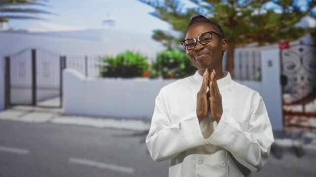 African american woman chef smiles and clasps hands at chest while standing on a sunlit street near a white gated wall; joy.