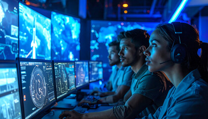 Fototapeta premium Team of professionals in a futuristic control room monitoring complex data on multiple screens with blue ambient lighting
