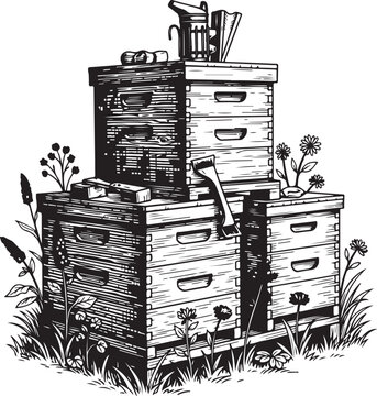 Traditional wooden beehives stacked outdoors with beekeeping tools nearby hand drawing illustration vector
