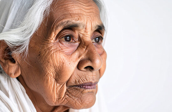 Primer plano lateral del rostro de una mujer anciana con cabello canoso, piel arrugada y mirada serena hacia el horizonte, iluminaci&oacute;n suave sobre fondo neutro con espacio para copy